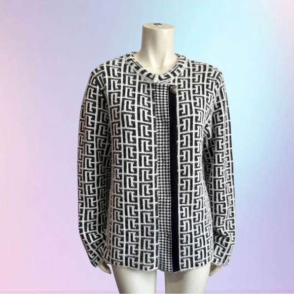 Luxury Knit Sweater Jacket Black + White Geometric Monogram Women's Large - Picture 11 of 15